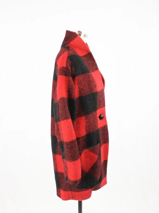 Aritzia WILFRED FREE Off Duty Red Black Check Wool Blend Cocoon Coat, Size S - Picture 2 of 16